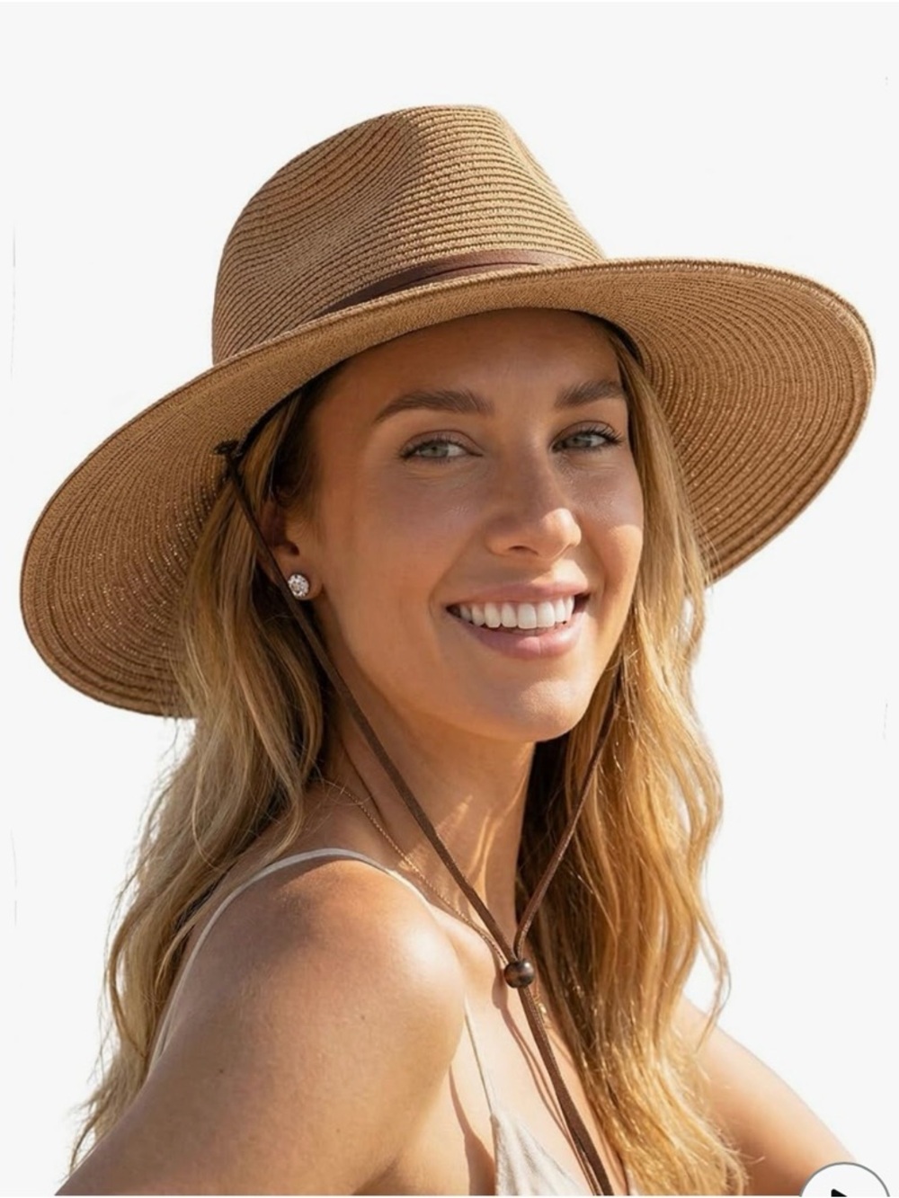 Furtalk Women’s Wide-Brim Straw Sun Hat in Tan with Chin Strap
